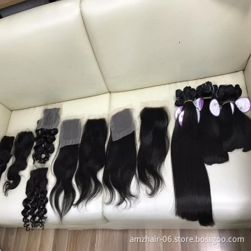 Raw Mink Brazilian Human Hair Bundles With Lace Frontal Closure Cheap Grade 8A 10A Virgin Cuticle Aligned Human Hair Extension